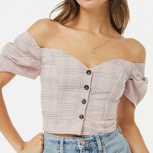 NWT sensemill plaid pastel pink off the shoulder button crop top